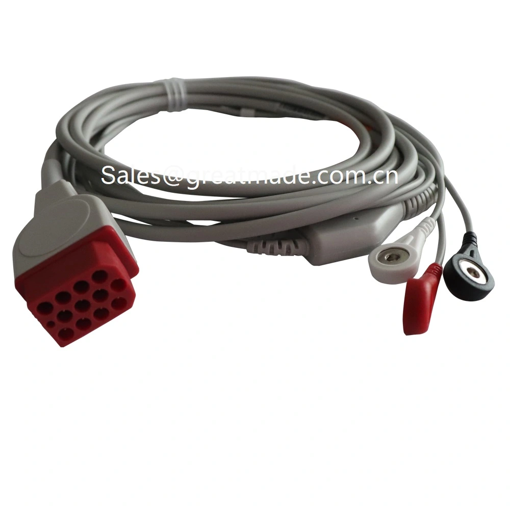 Tshaj Bionet BM3 BM5 ib thooj ECG cable nrog leadwires, AHA, 3-Lead, snap, liab 12pin