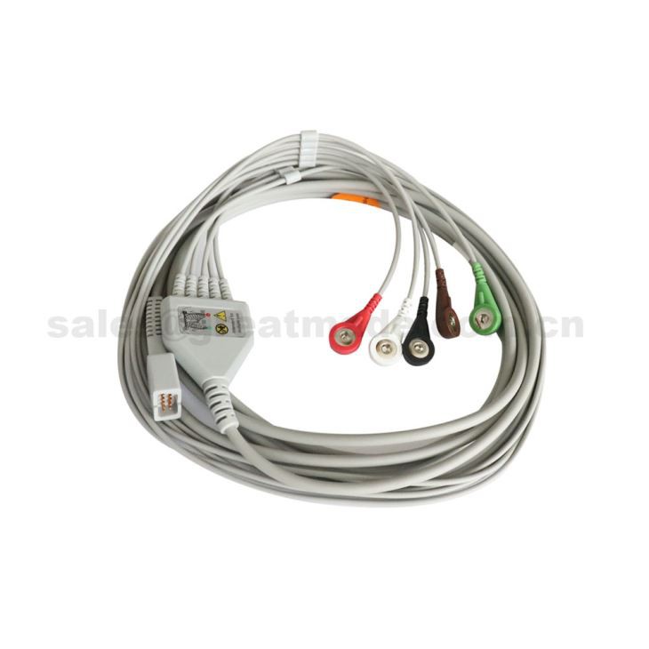 Tshaj Tau Nrog MEK MP1000, MP600, MP500, Ib Daim ECG Neeg Mob Rau Cable Nrog 5-Lead Leadwires Snap Rau Tus Neeg Mob Saib Xyuas.